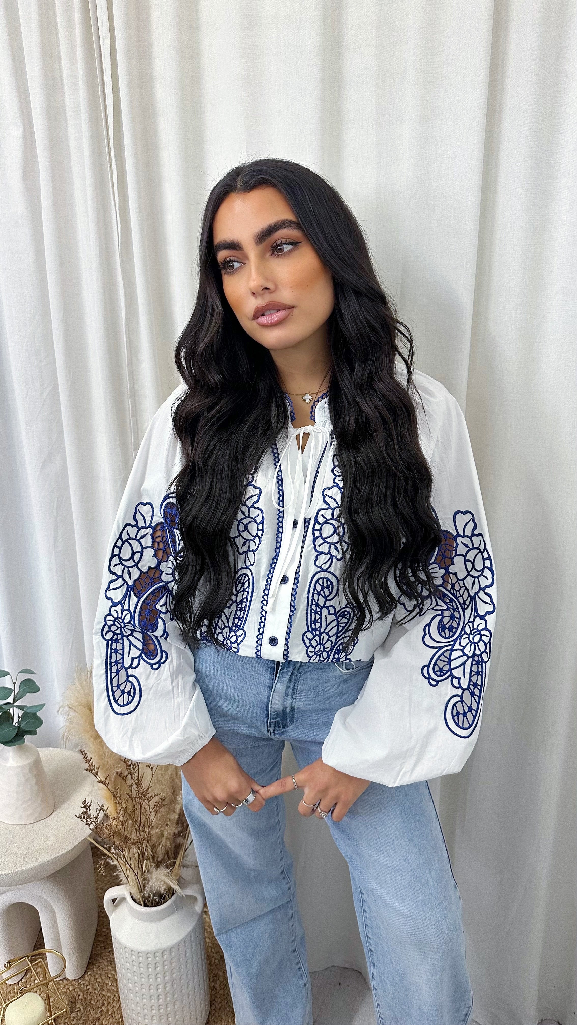 Paisley Embroidered Balloon Sleeve Shirt - WHITE/BLUE