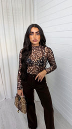 Deer Print Raw Seam Mesh Top - BROWN