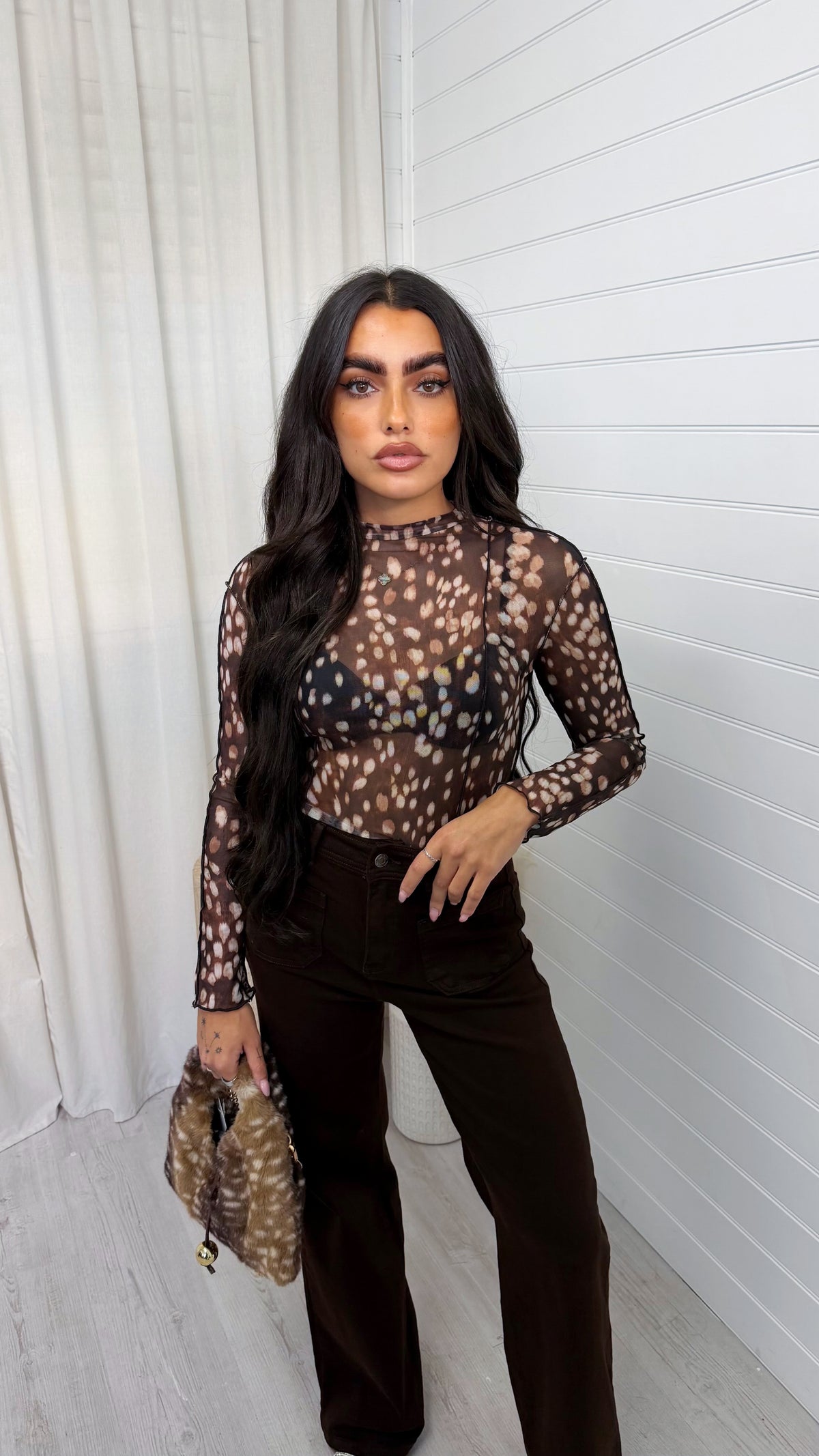 Deer Print Raw Seam Mesh Top - BROWN