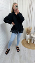 Lace Hem Crinke Shirt - BLACK