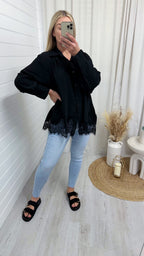 Lace Hem Crinke Shirt - BLACK