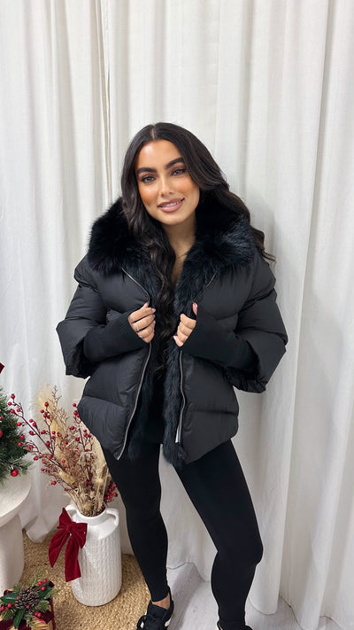Fur Trim Hooded Puffer Coat - BLACK
