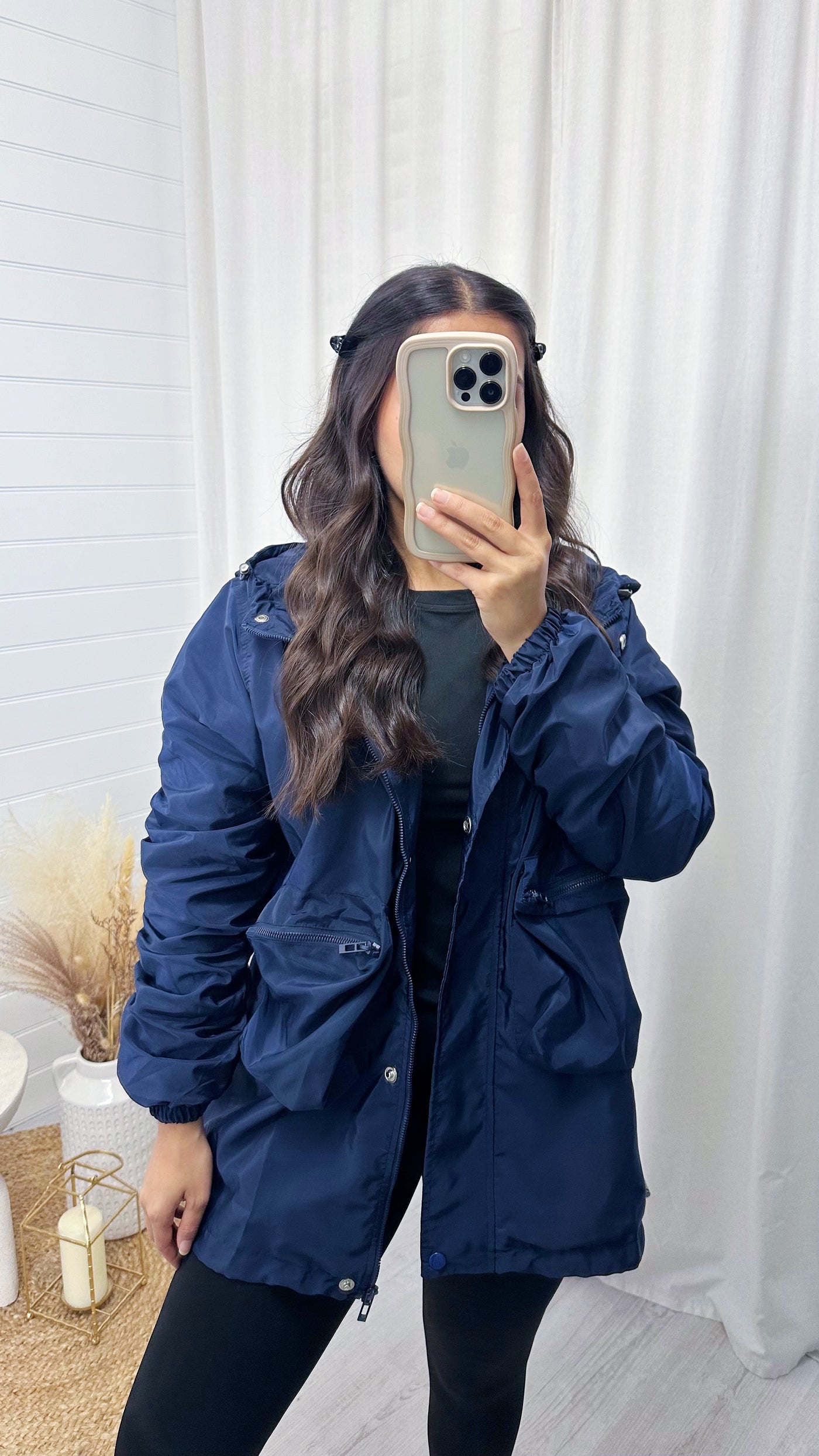 Ruched Sleeve Long Windbreaker Jacket - NAVY