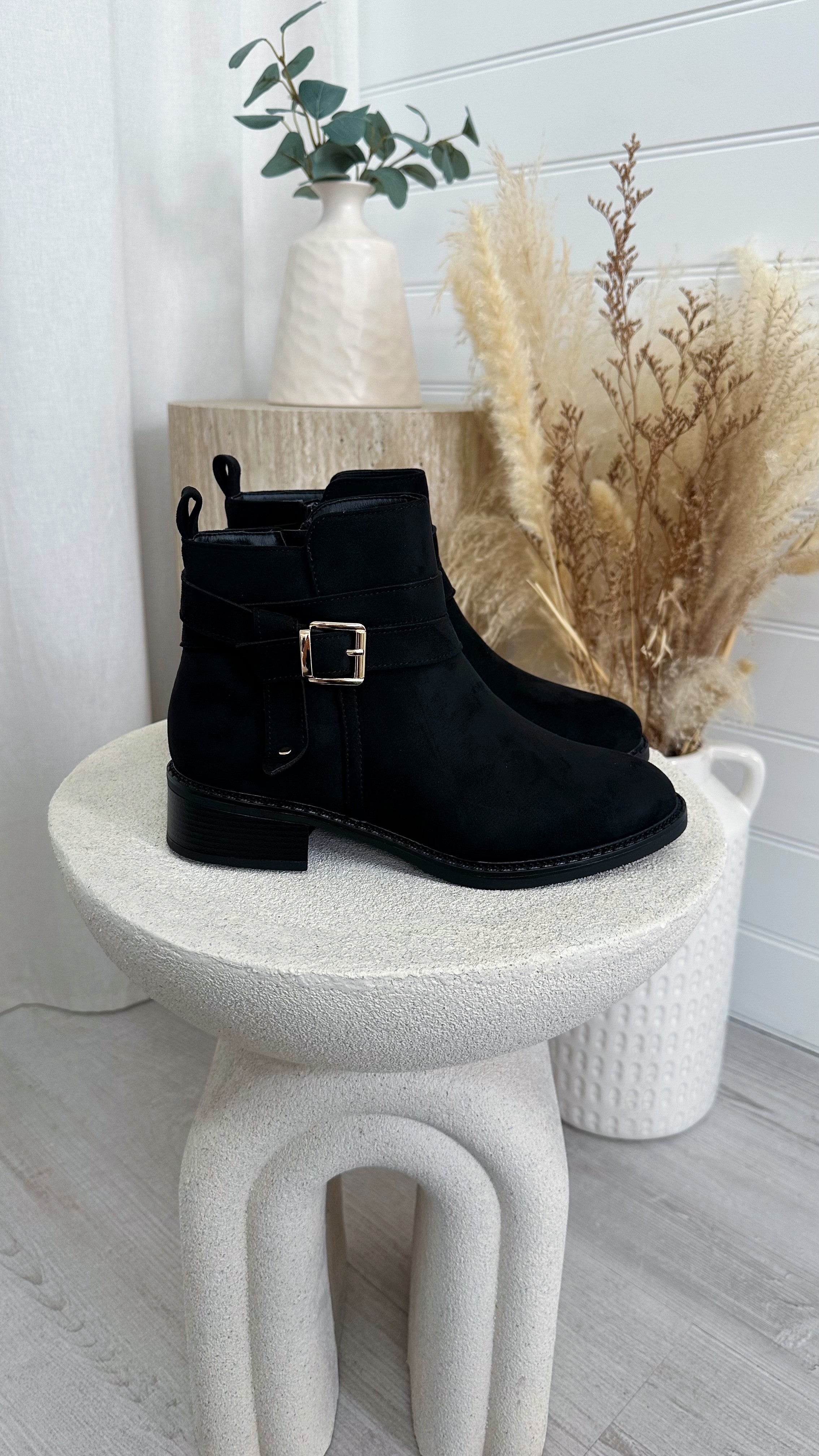 Suede Buckle Ankle Boots - BLACK