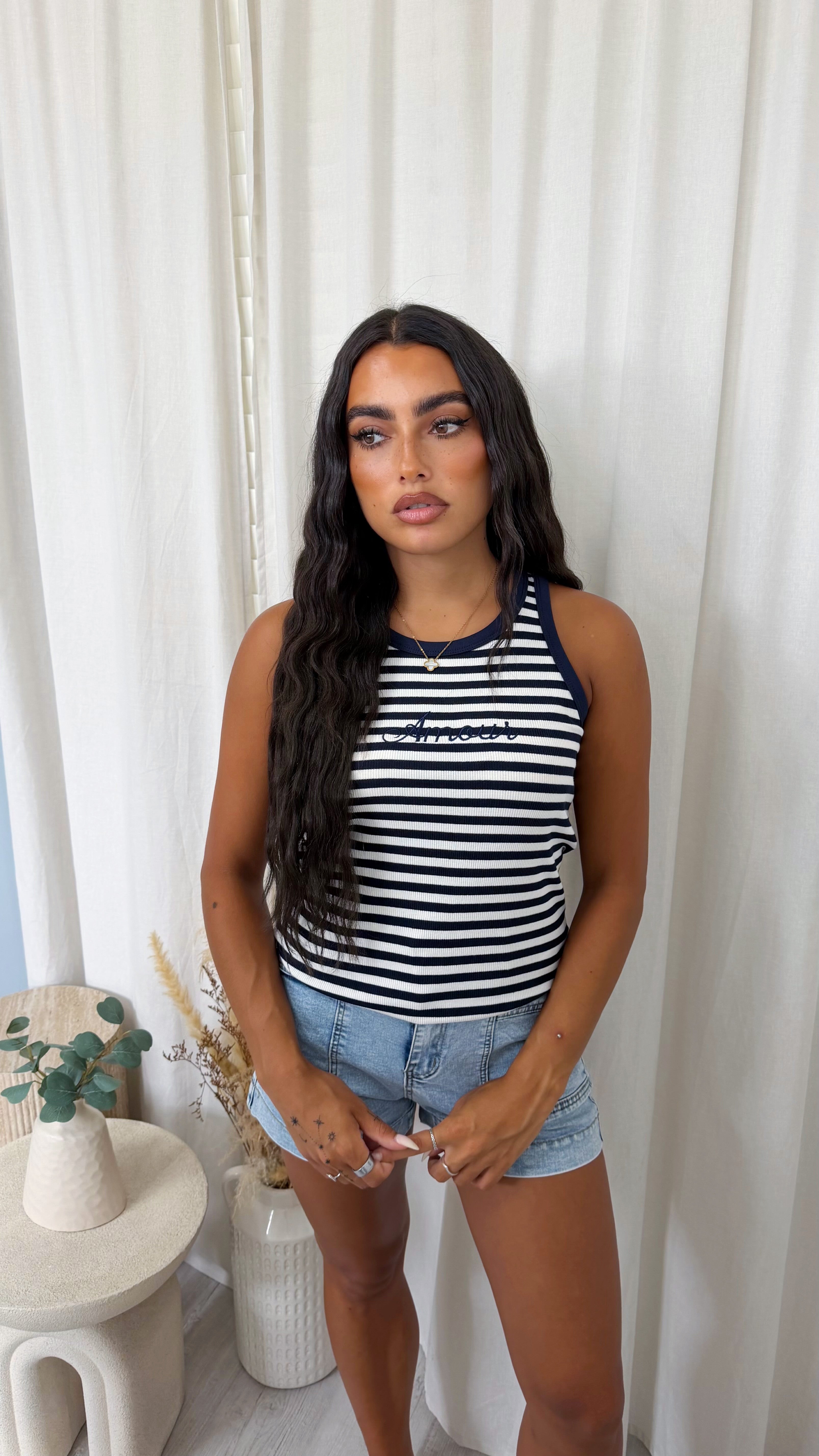 Amour Ribbed Stripey Vest Top - NAVY