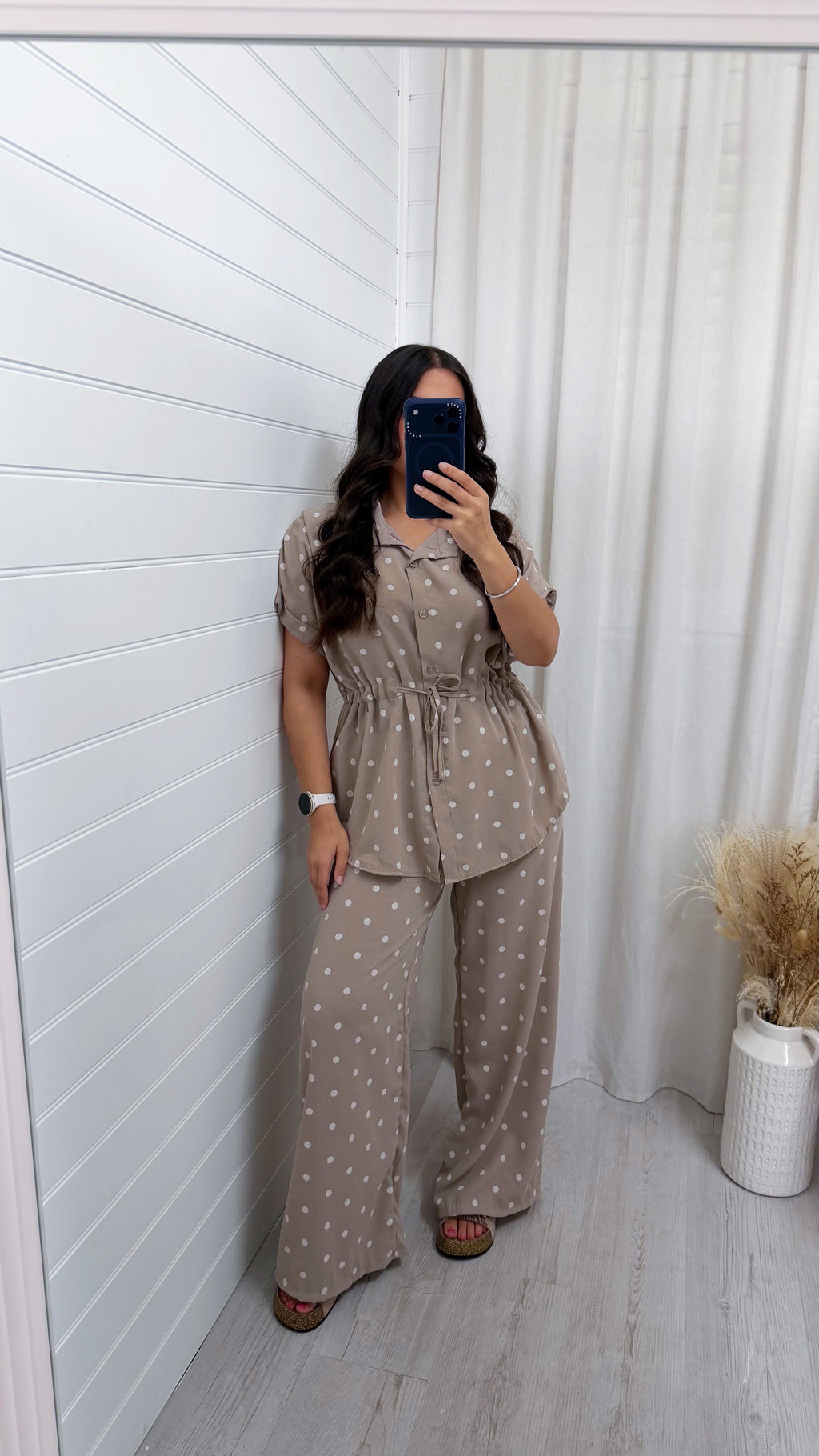 Polka Dot Cinched Shirt and Trousers Co-Ord - TAUPE