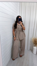 Polka Dot Cinched Shirt and Trousers Co-Ord - TAUPE