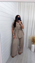 Polka Dot Cinched Shirt and Trousers Co-Ord - TAUPE
