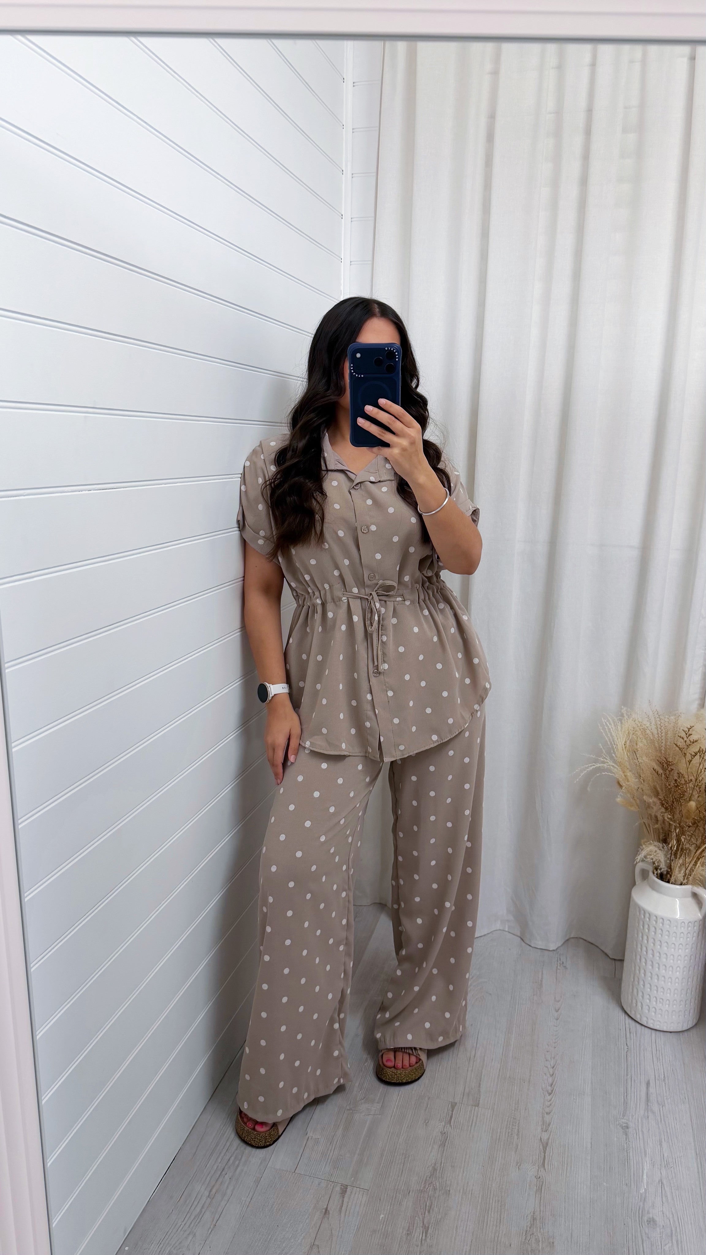 Polka Dot Cinched Shirt and Trousers Co-Ord - TAUPE