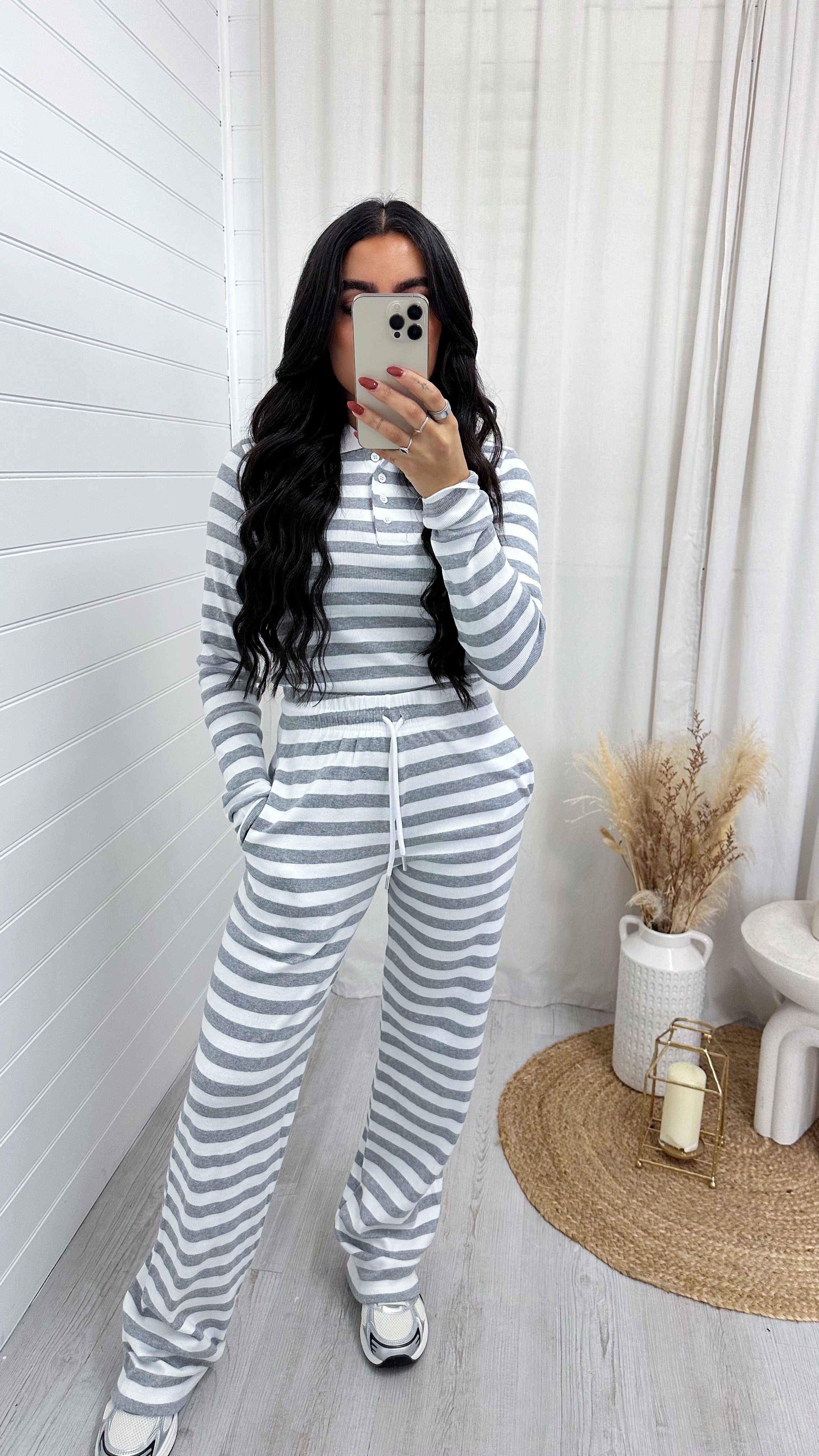 Striped Top and Trousers Rib Co-Ord - WHITE/GREY