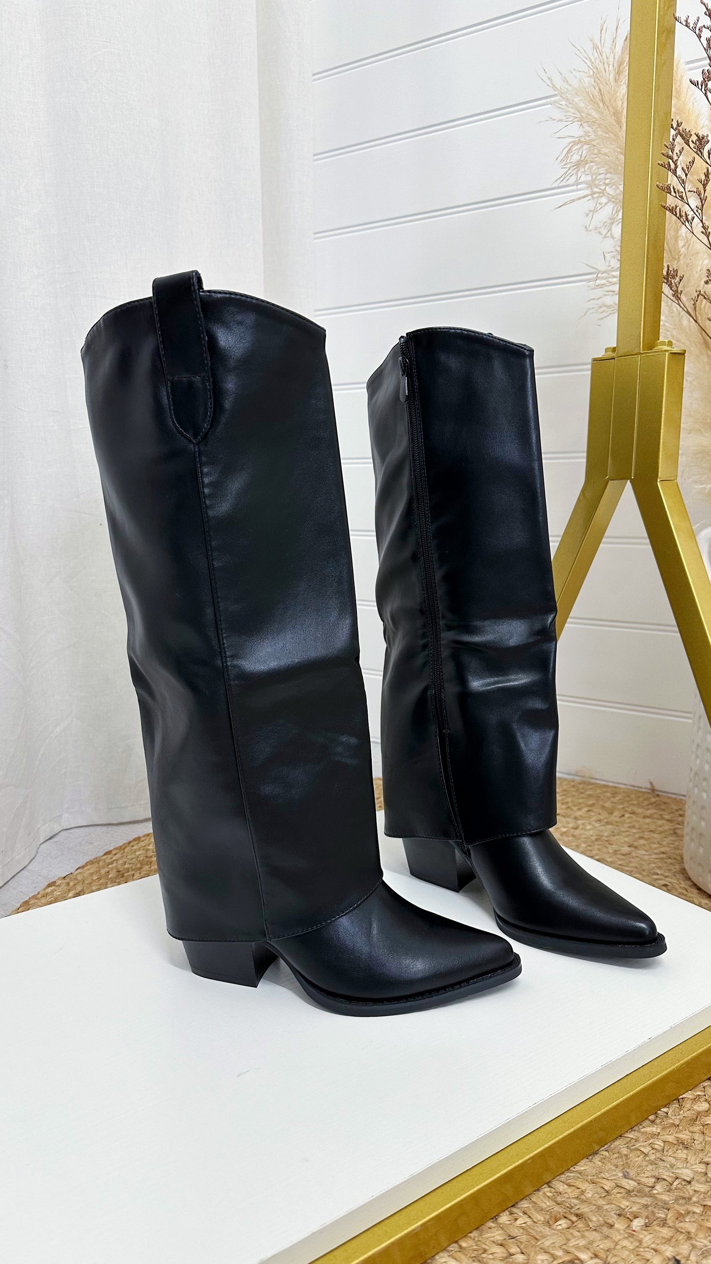 Knee High Fold Over PU Cowboy Boots - BLACK