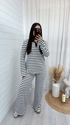 Chunky Stripe Rugby Sweatshirt and Trousers Co-Ord - WHITE