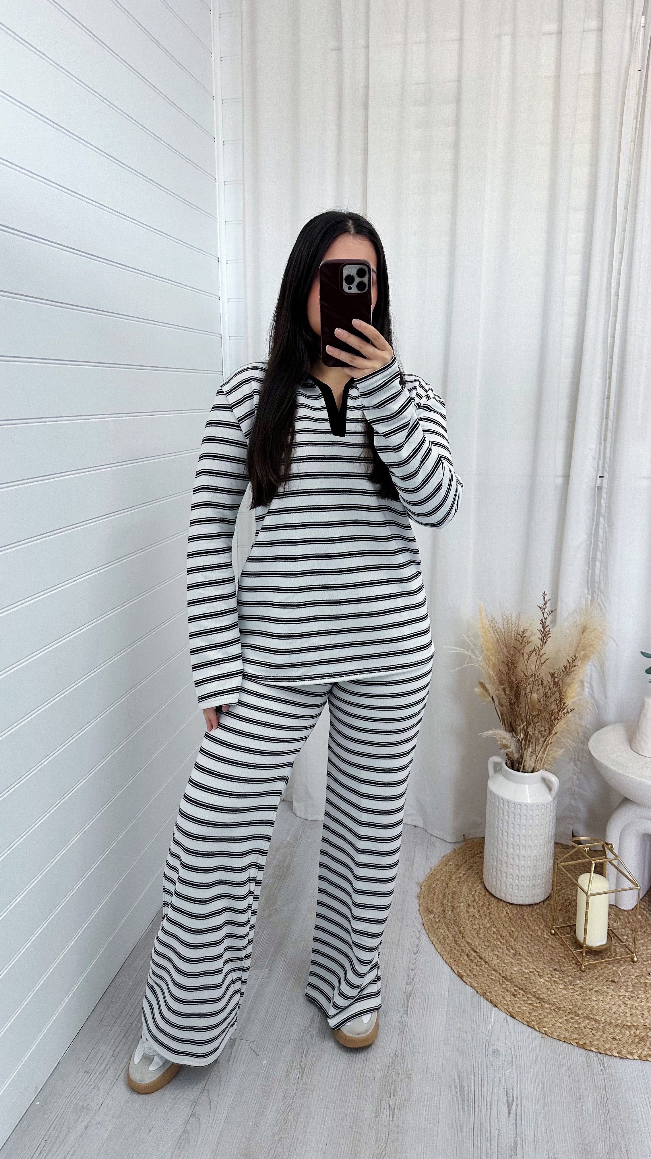 Chunky Stripe Rugby Sweatshirt and Trousers Co-Ord - WHITE
