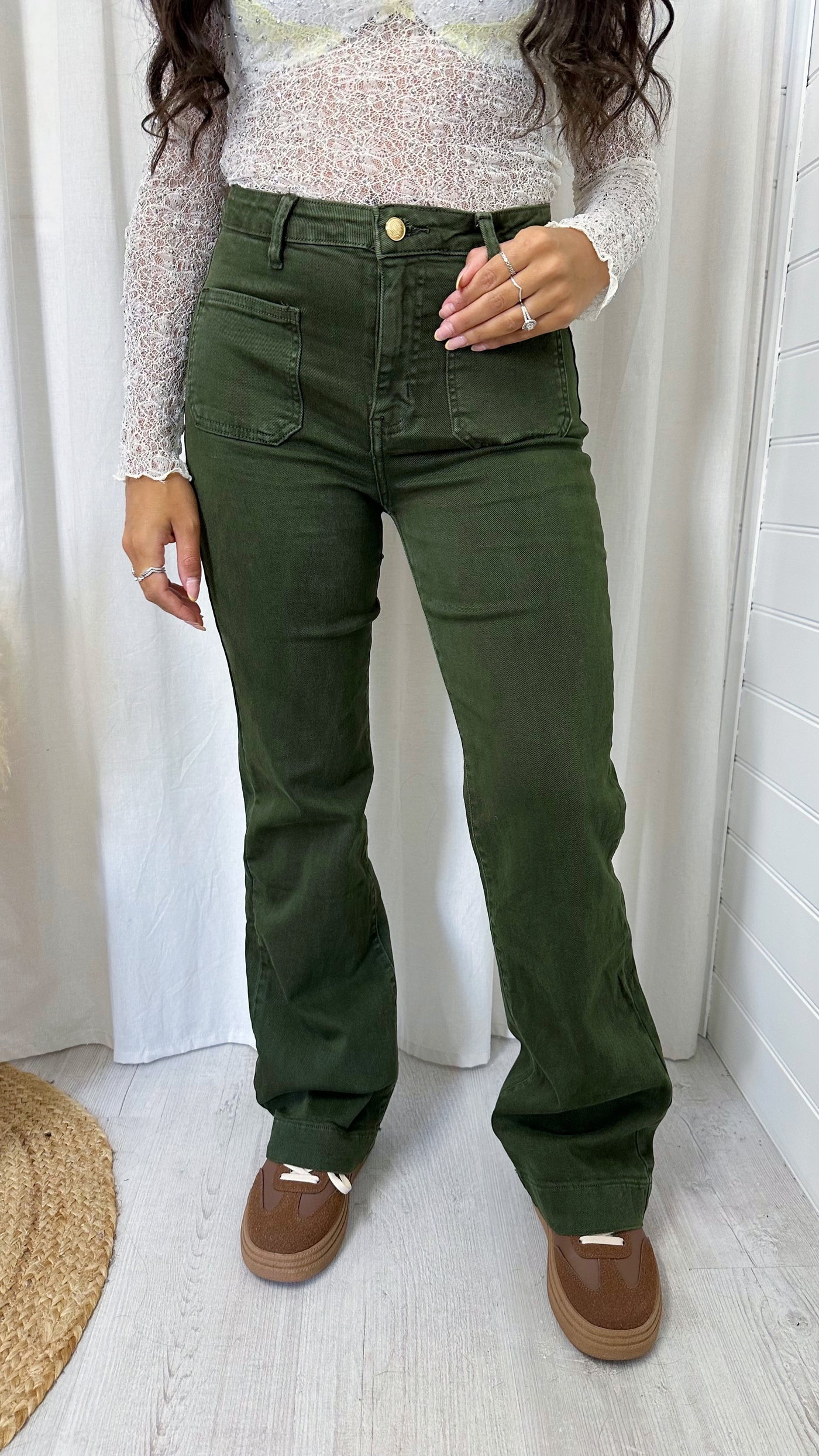 Front Pocket Boot Cut High Waisted Jeans - KHAKI