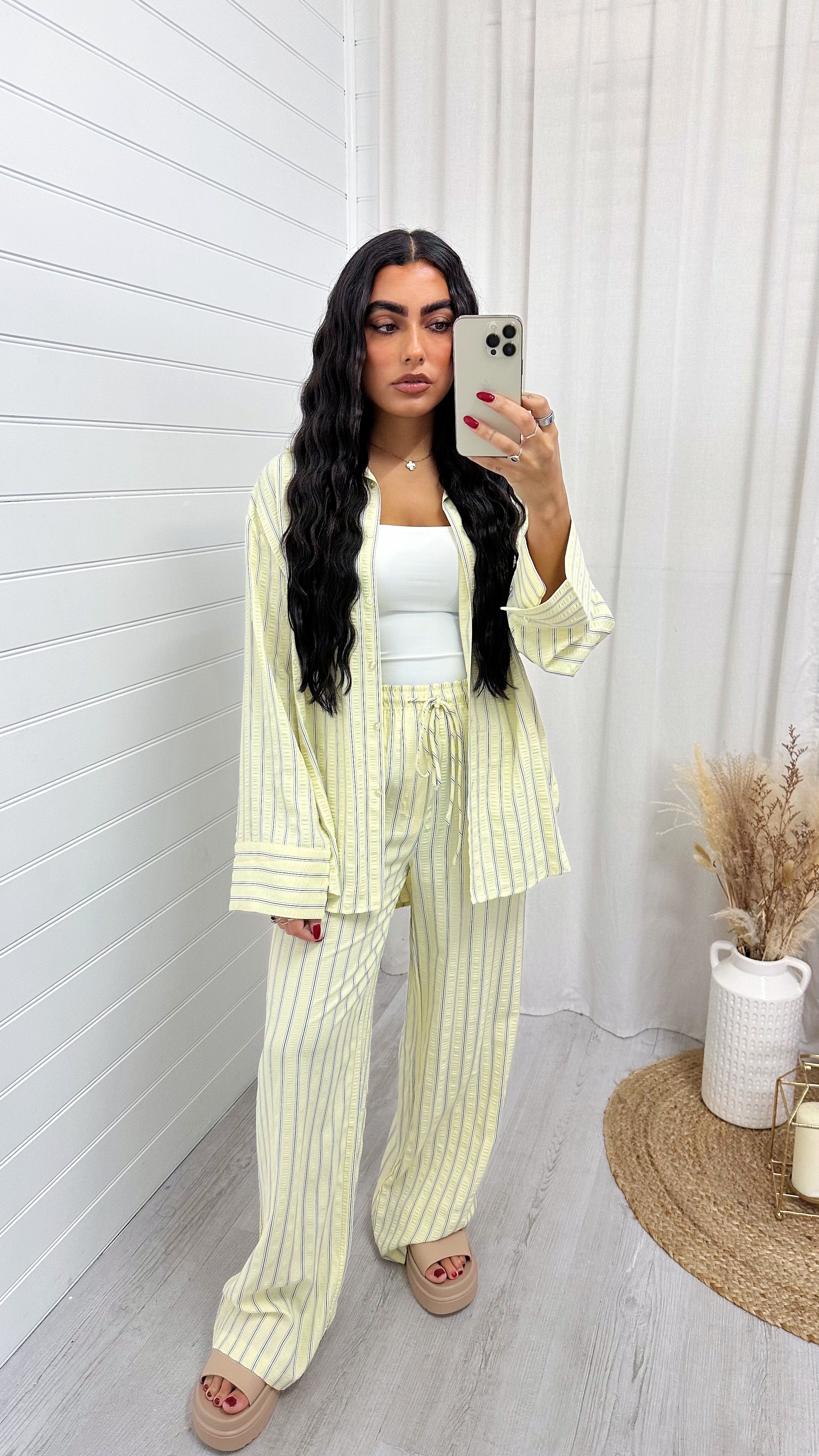 Striped Textured Shirt And Trouser Co-Ord - LEMON