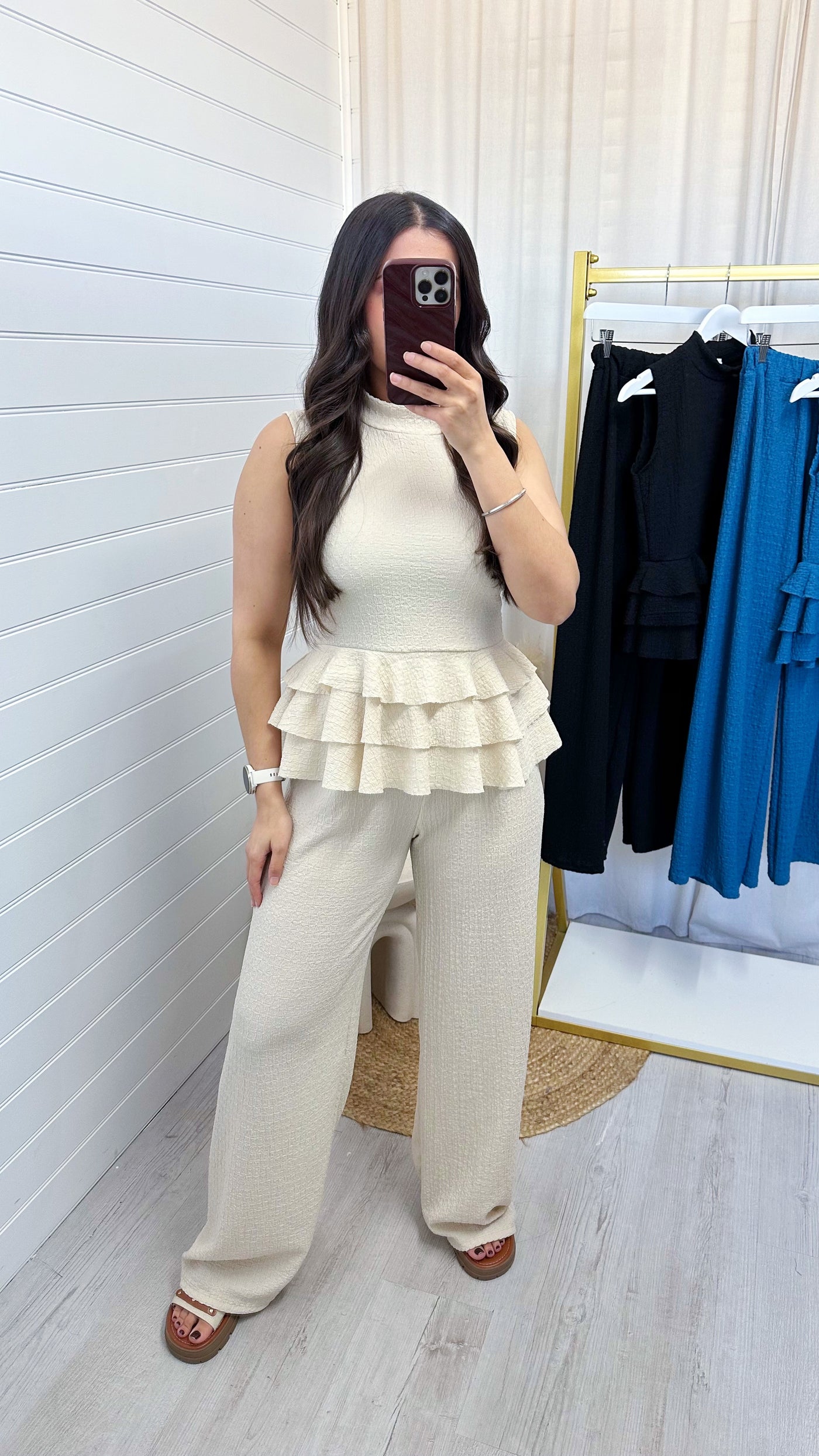 Peplum Frill Tiered Vest Top and Trousers Co-Ord - CREAM