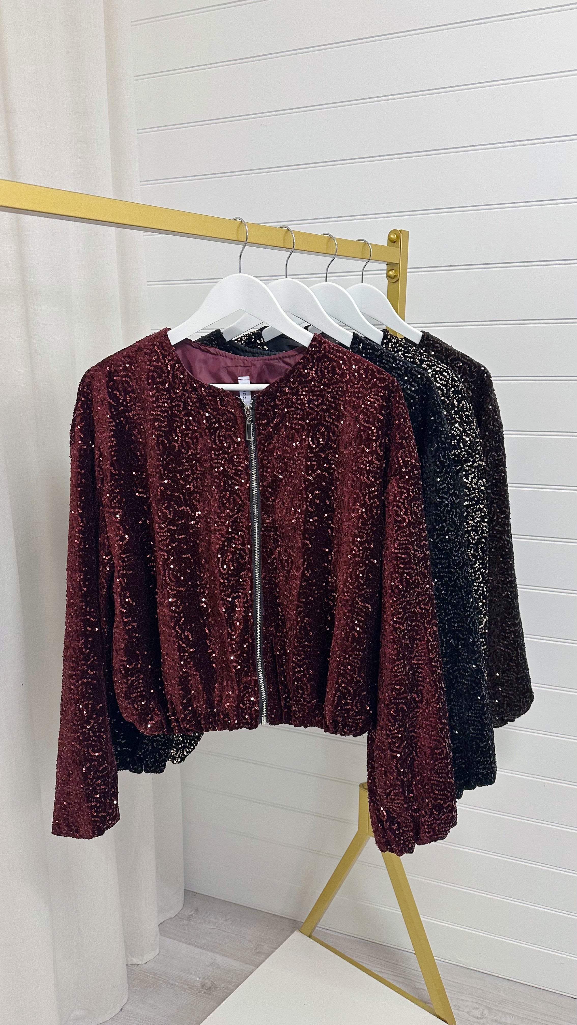 Balloon Sleeve Sequin Bomber Jacket - WINE