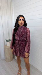 Deer Print Tie Neck Dress - BURGUNDY