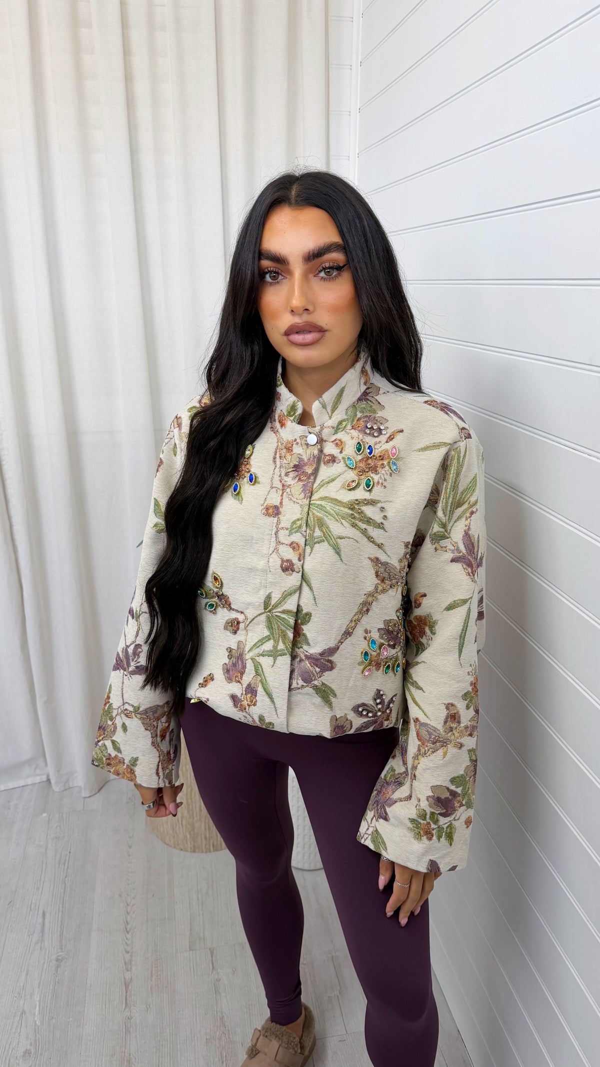 Floral Embellished Gem Stone Jacket - IVORY