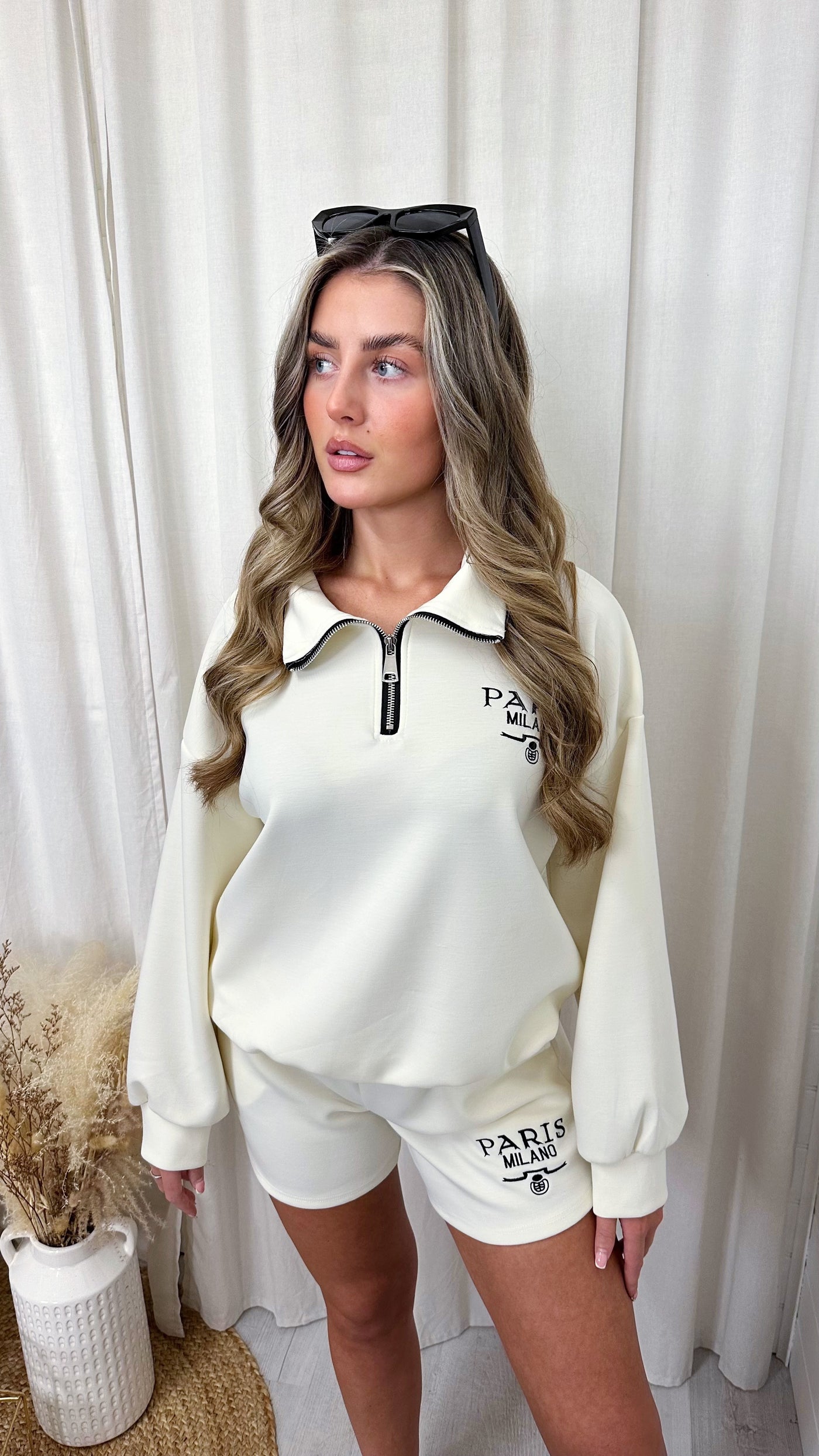 Paris Milano Embroidered Half Zip Sweatshirt and Shorts Co-Ord - CREAM