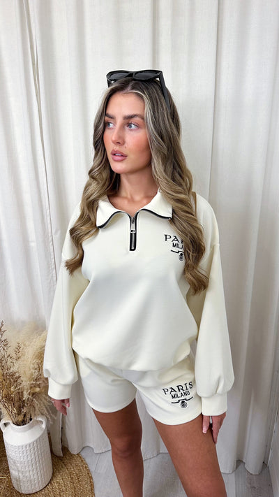 Paris Milano Embroidered Half Zip Sweatshirt and Shorts Co-Ord - CREAM