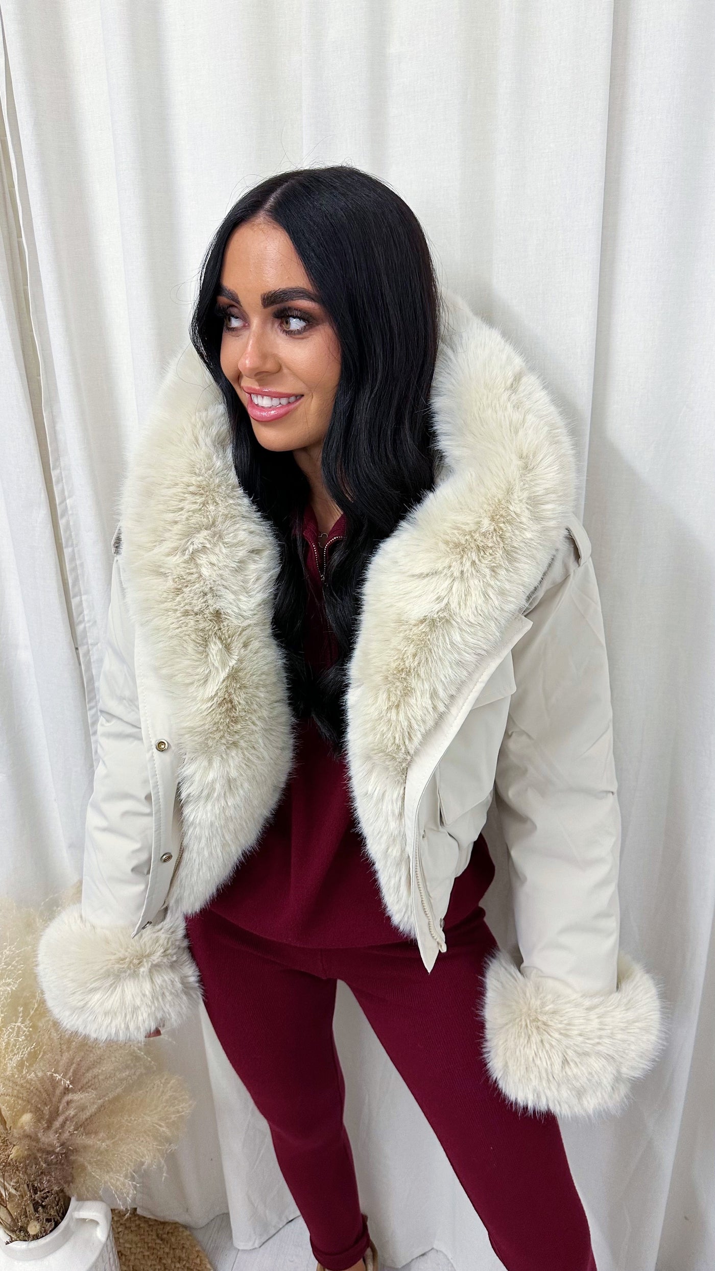 Faux Fur Hooded Coat - BEIGE