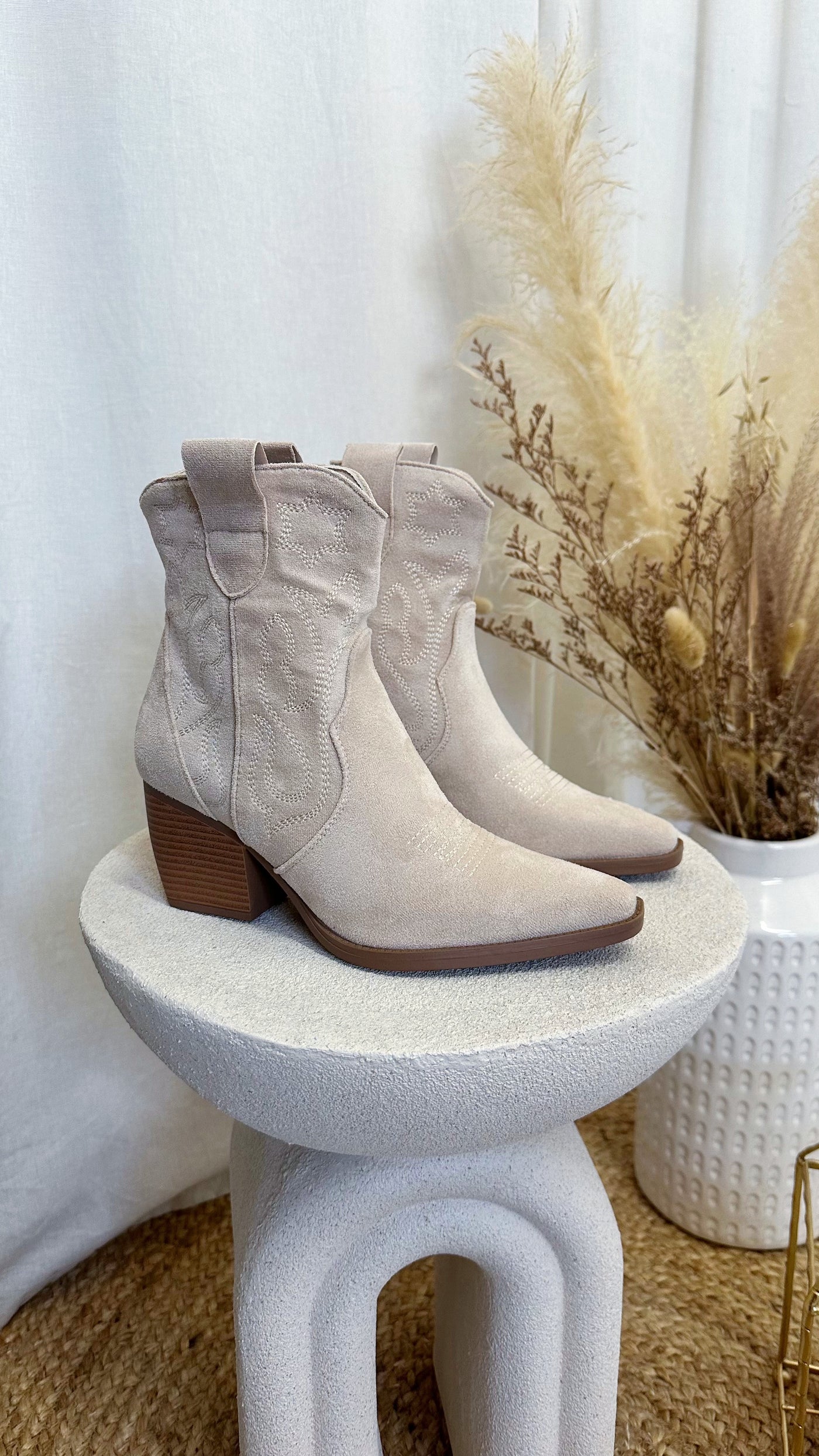 Embroidered Suede Ankle Length Cowboy Boots - LIGHT BEIGE