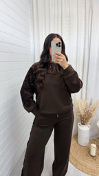 Sequin Sleeve Sweatshirt and Joggers Tracksuit - BROWN
