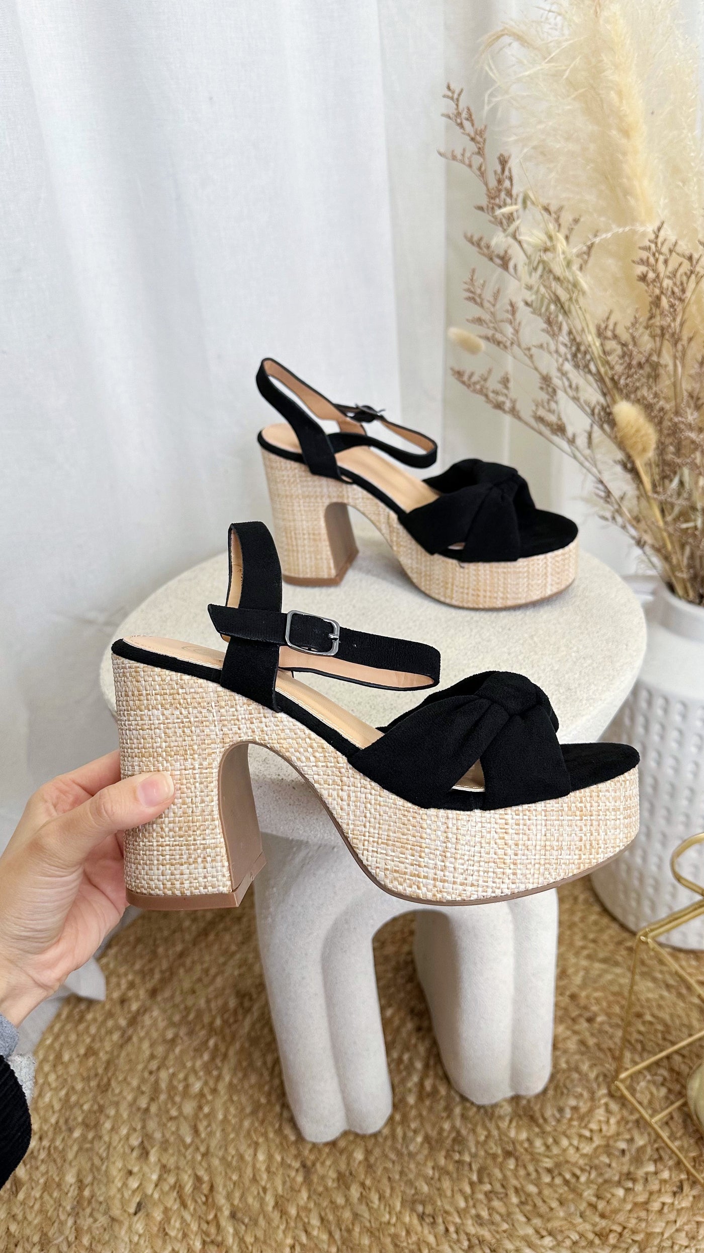 Woven Chunky Knot Heels - BLACK