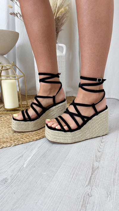 Platform Lace up Wedges - BLACK