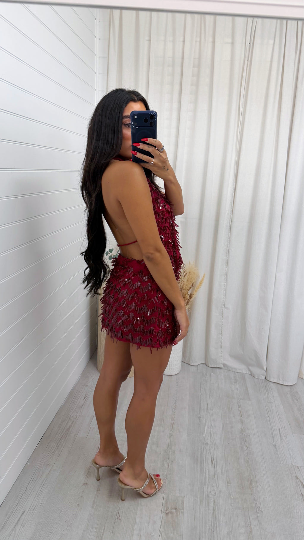 Cowl Neck Sequin Top and Skirt Set - BURGUNDY
