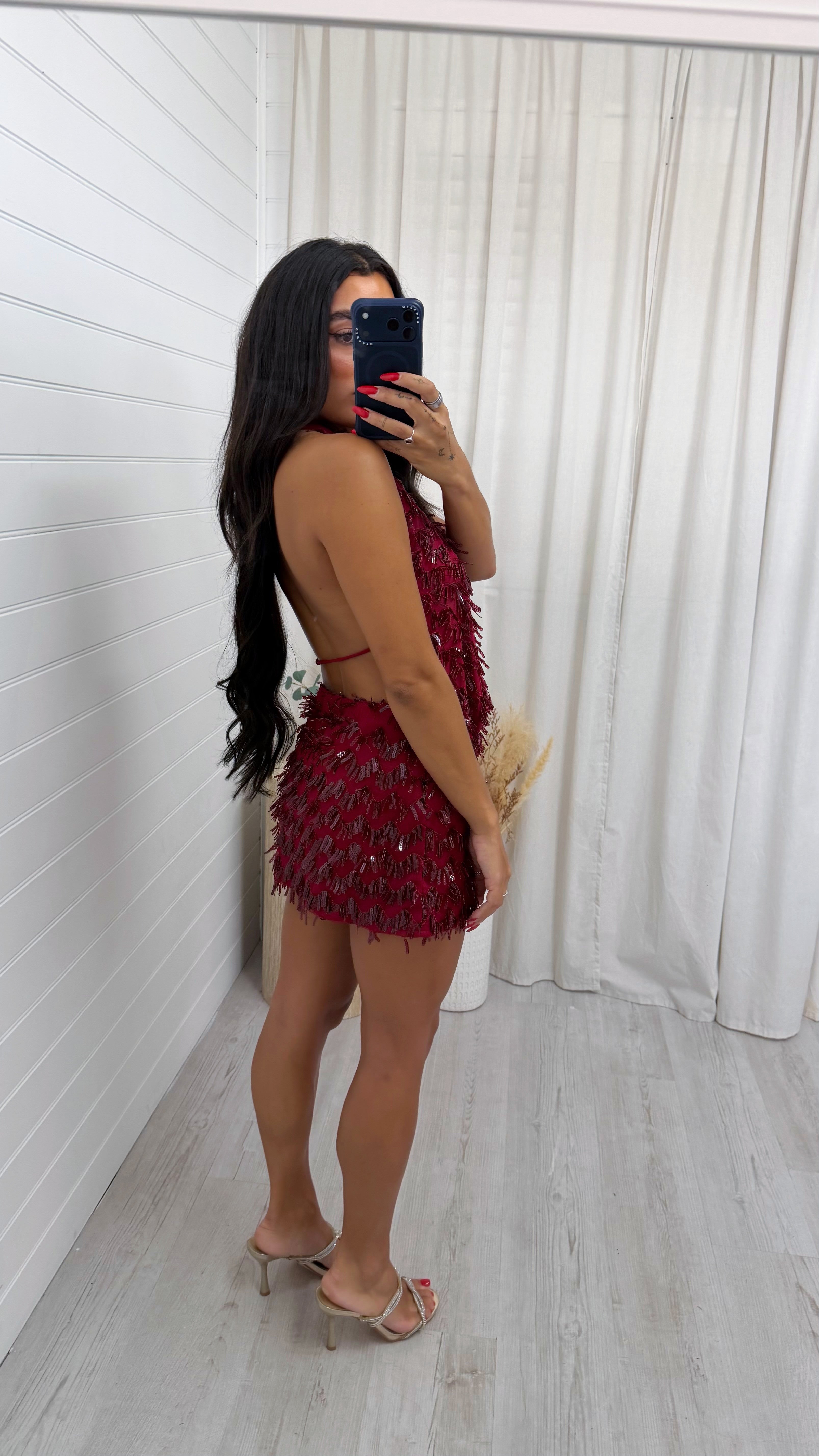Cowl Neck Sequin Top and Skirt Set - BURGUNDY