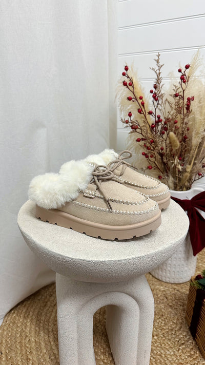 Fur Lined Embroidered Mules - LIGHT BEIGE