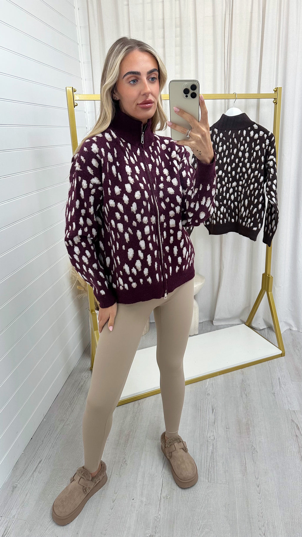 Deer Print Knitted Jacket - BURGUNDY