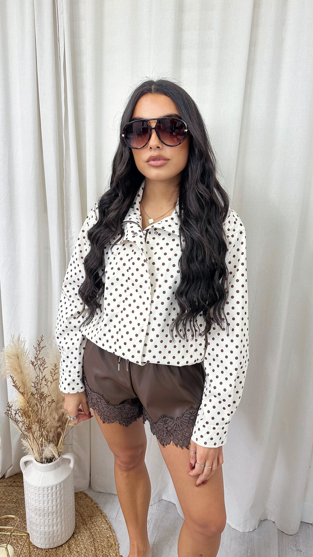 High Neck Polka Dot Jacket - CREAM/BROWN