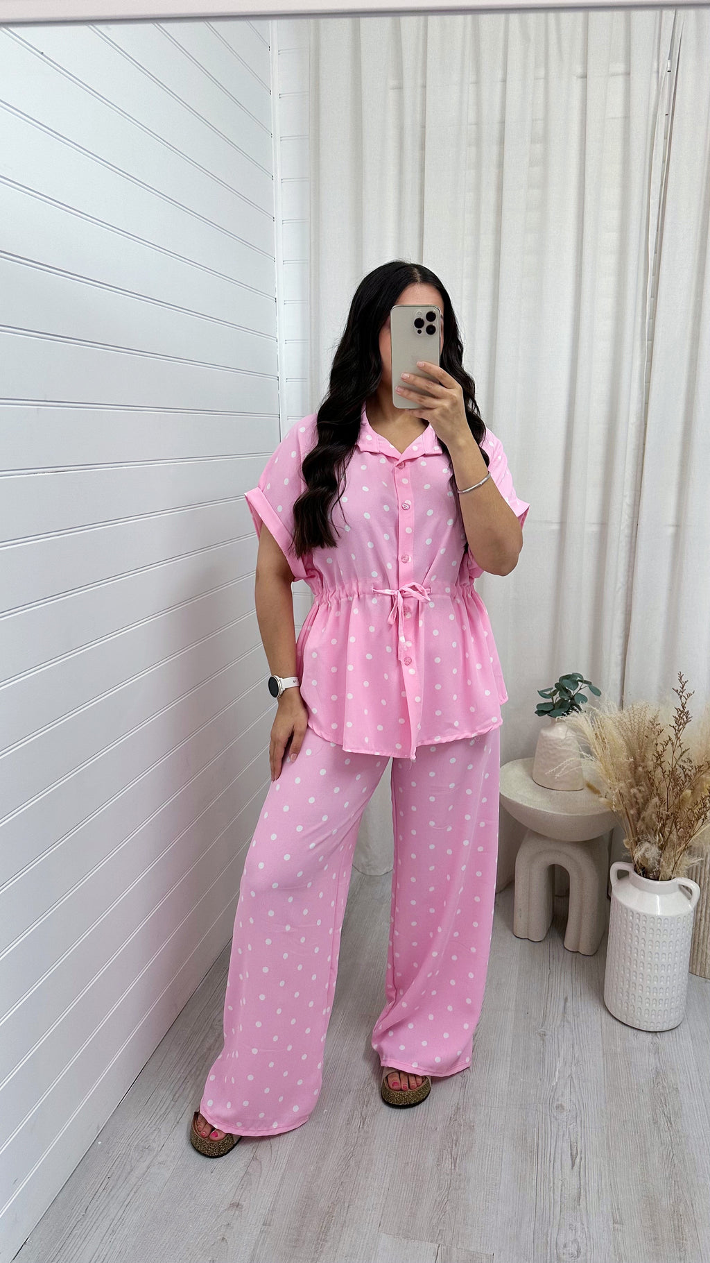 Polka Dot Cinched Shirt and Trousers Co-Ord - BABY PINK