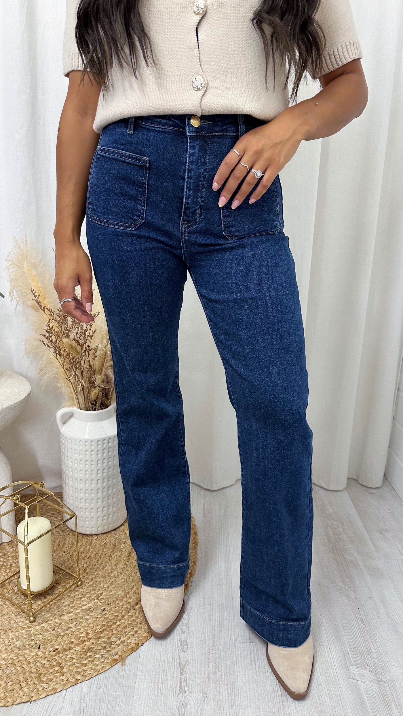 Front Pocket Boot Cut High Waisted Jeans - DARK DENIM