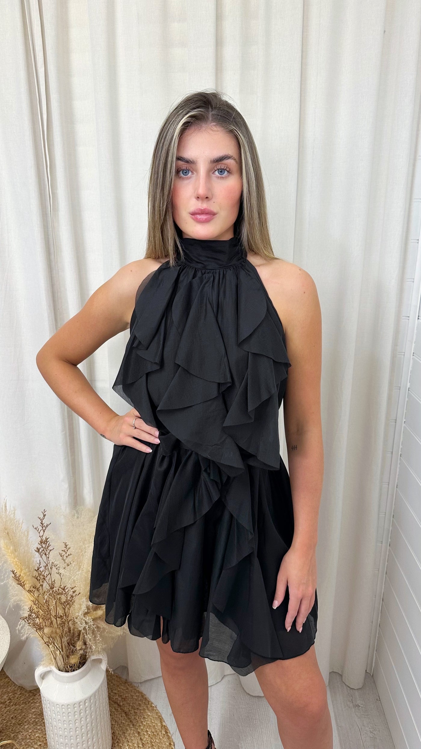 Halter Neck A Line Frill Chiffon Dress - BLACK