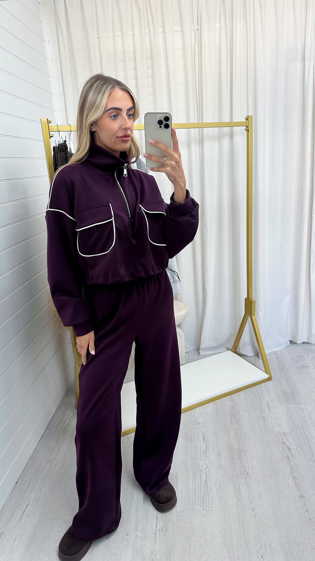 Contrast Piped Quarter Zip Sweatshirt and Joggers Co-Ord - BERRY