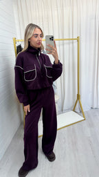 Contrast Piped Quarter Zip Sweatshirt and Joggers Co-Ord - BERRY