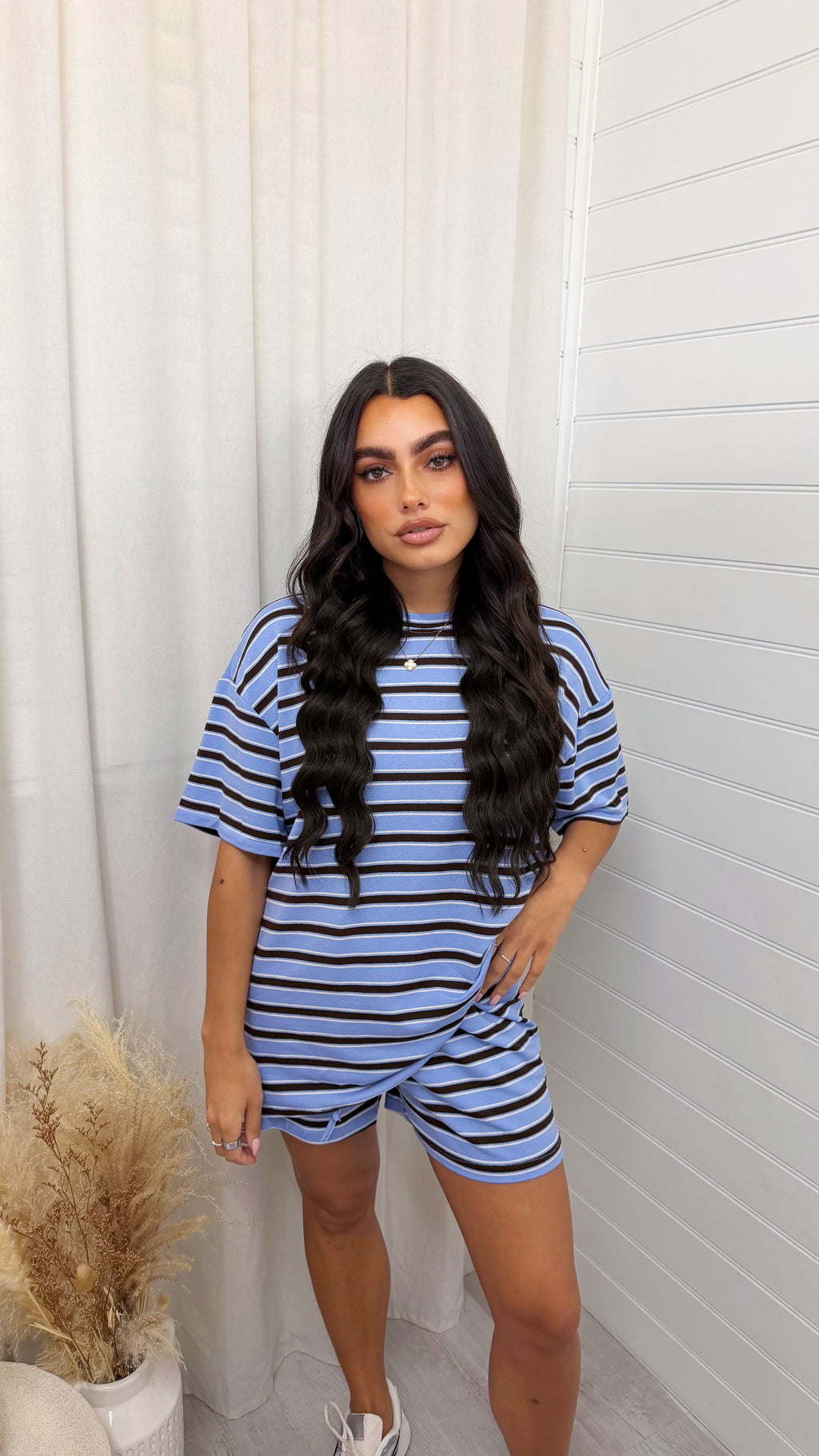 Oversized Stripe T-Shirt and Shorts Co-Ord - BLUE