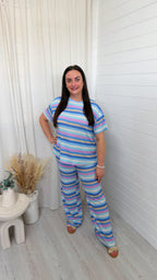 Lurex Pastel Stripe T-Shirt and Trousers Co-Ord - BLUE