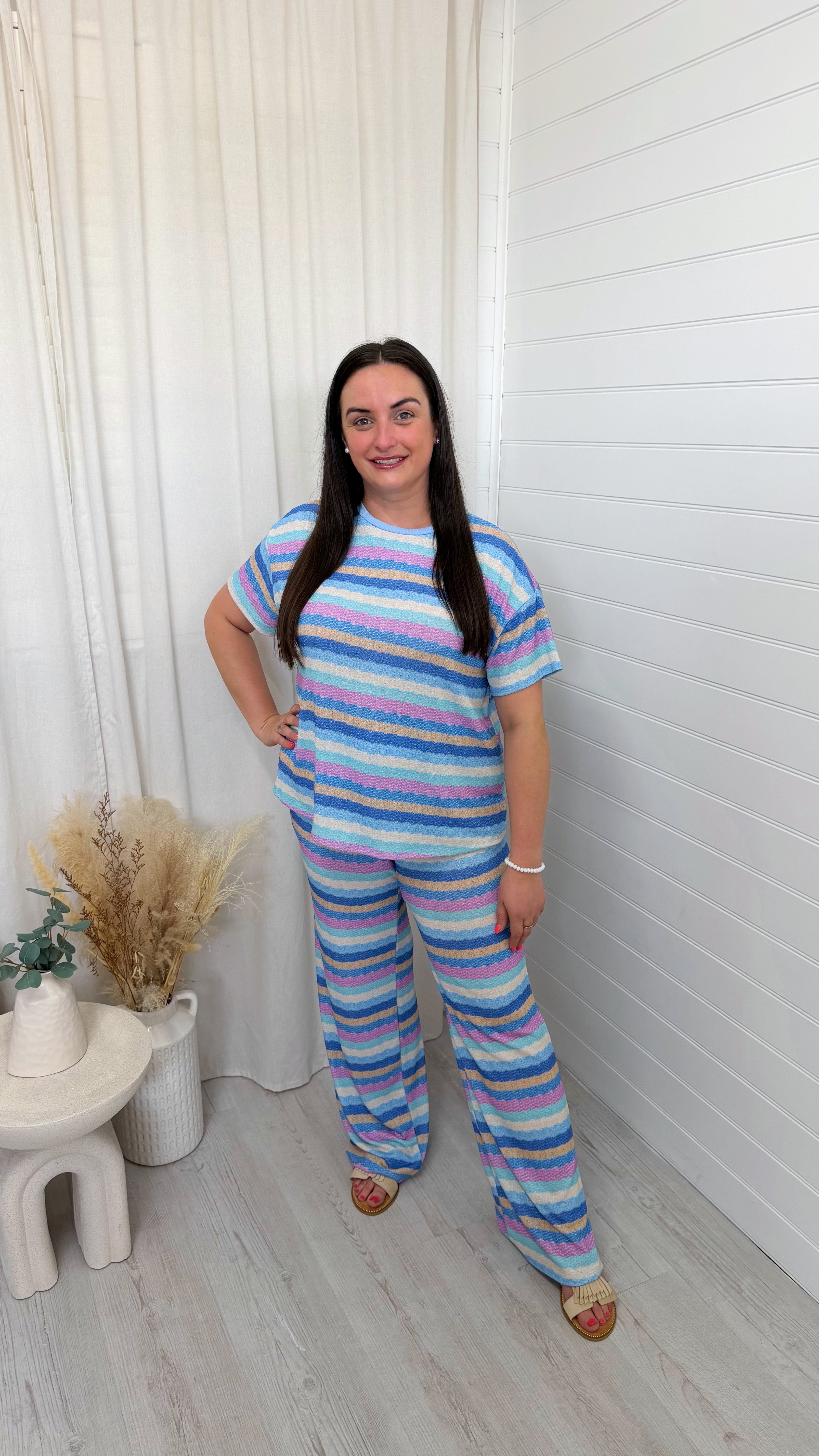 Lurex Pastel Stripe T-Shirt and Trousers Co-Ord - BLUE