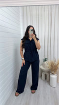 Sleeveless Cinch Shirt and Trousers Co-Ord - NAVY