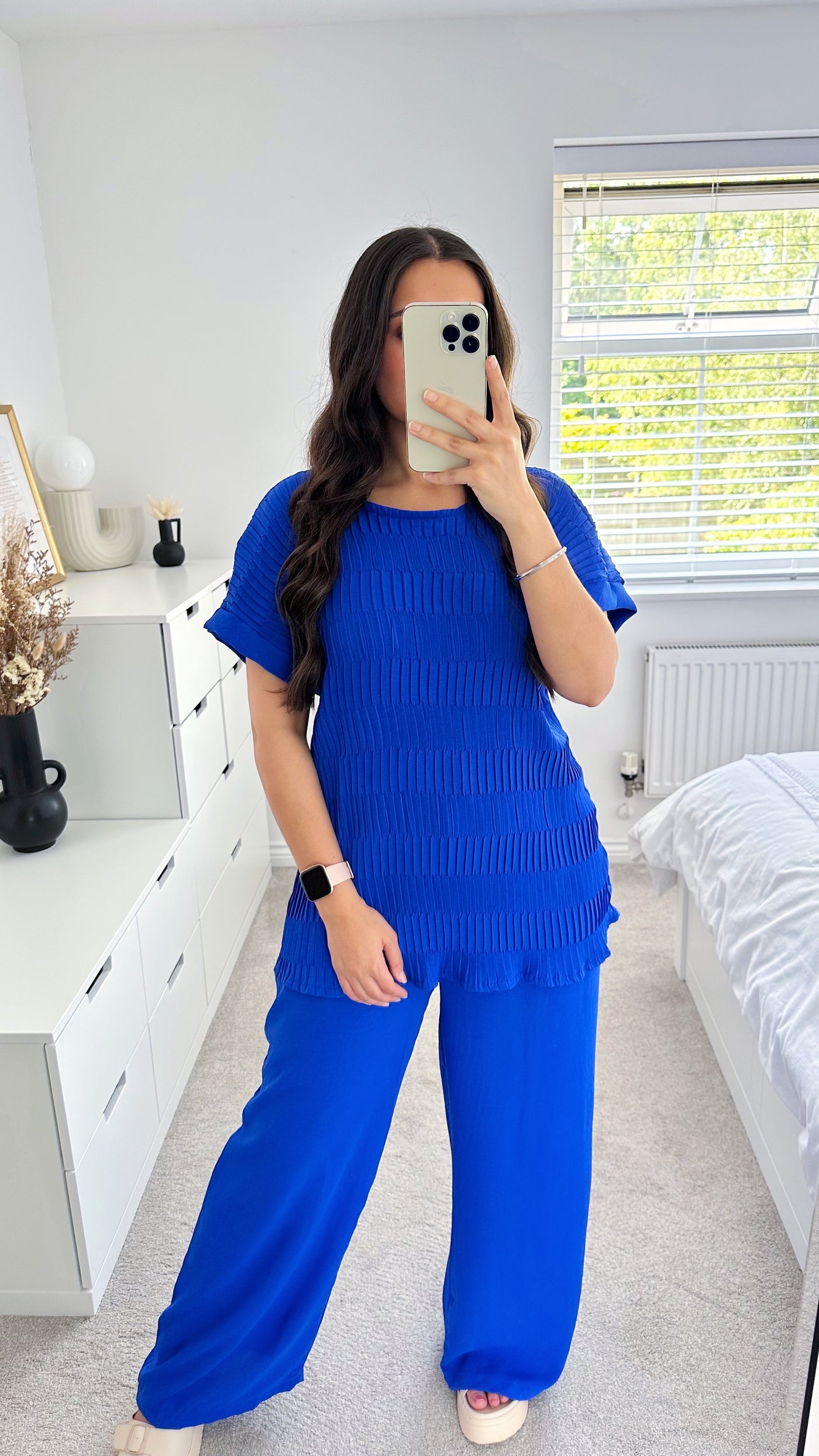 Crinkle Pleated Top and Wide Leg Trousers Co-Ord - ROYAL BLUE