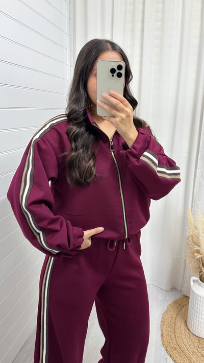 Side Stripe Bomber Jacket and Wide Leg Joggers Co-Ord - WINE