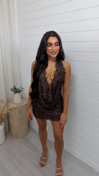 Cowl Neck Sequin Top and Skirt Set - BROWN