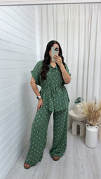 Polka Dot Cinched Shirt and Trousers Co-Ord - KHAKI