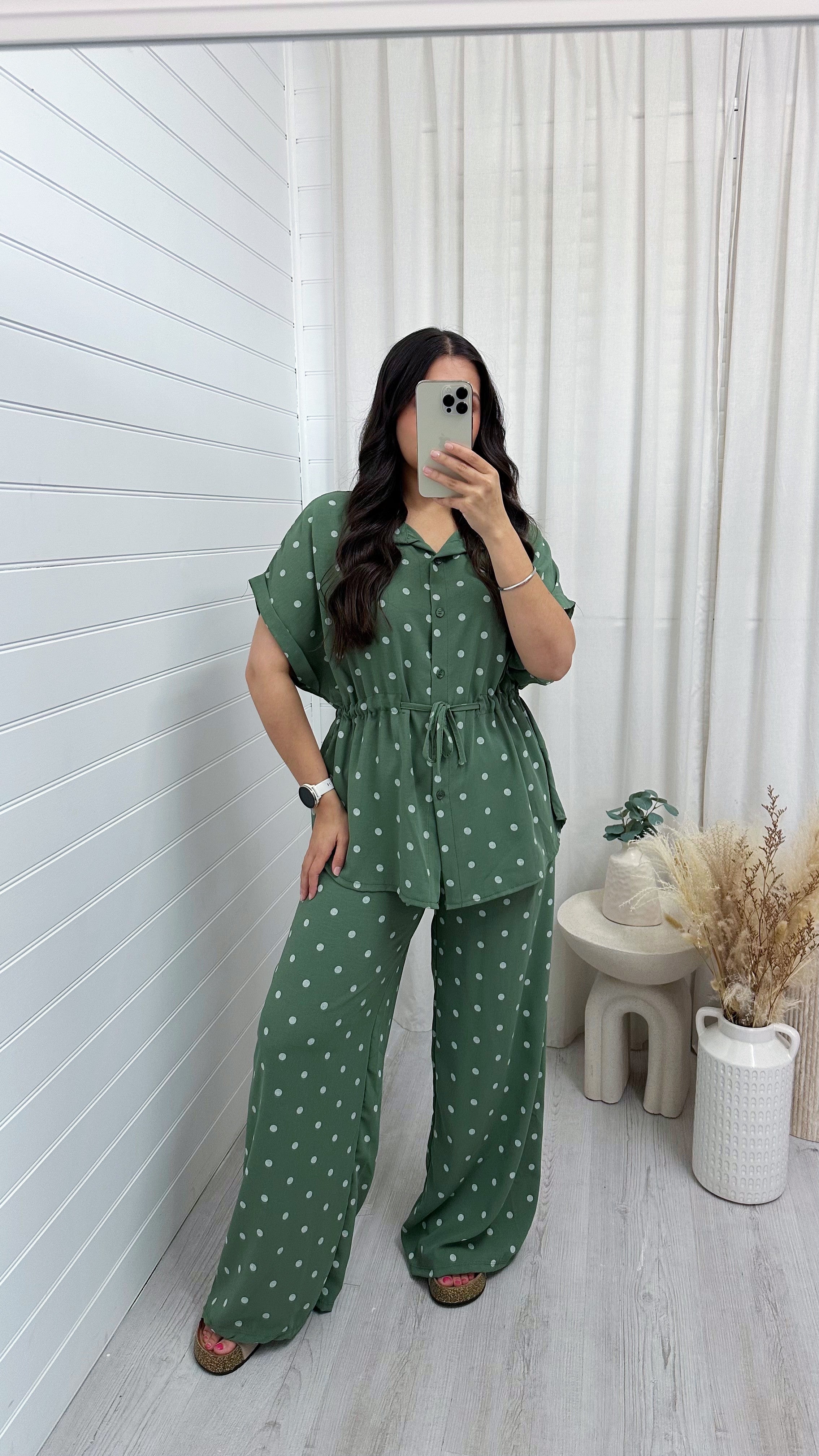 Polka Dot Cinched Shirt and Trousers Co-Ord - KHAKI