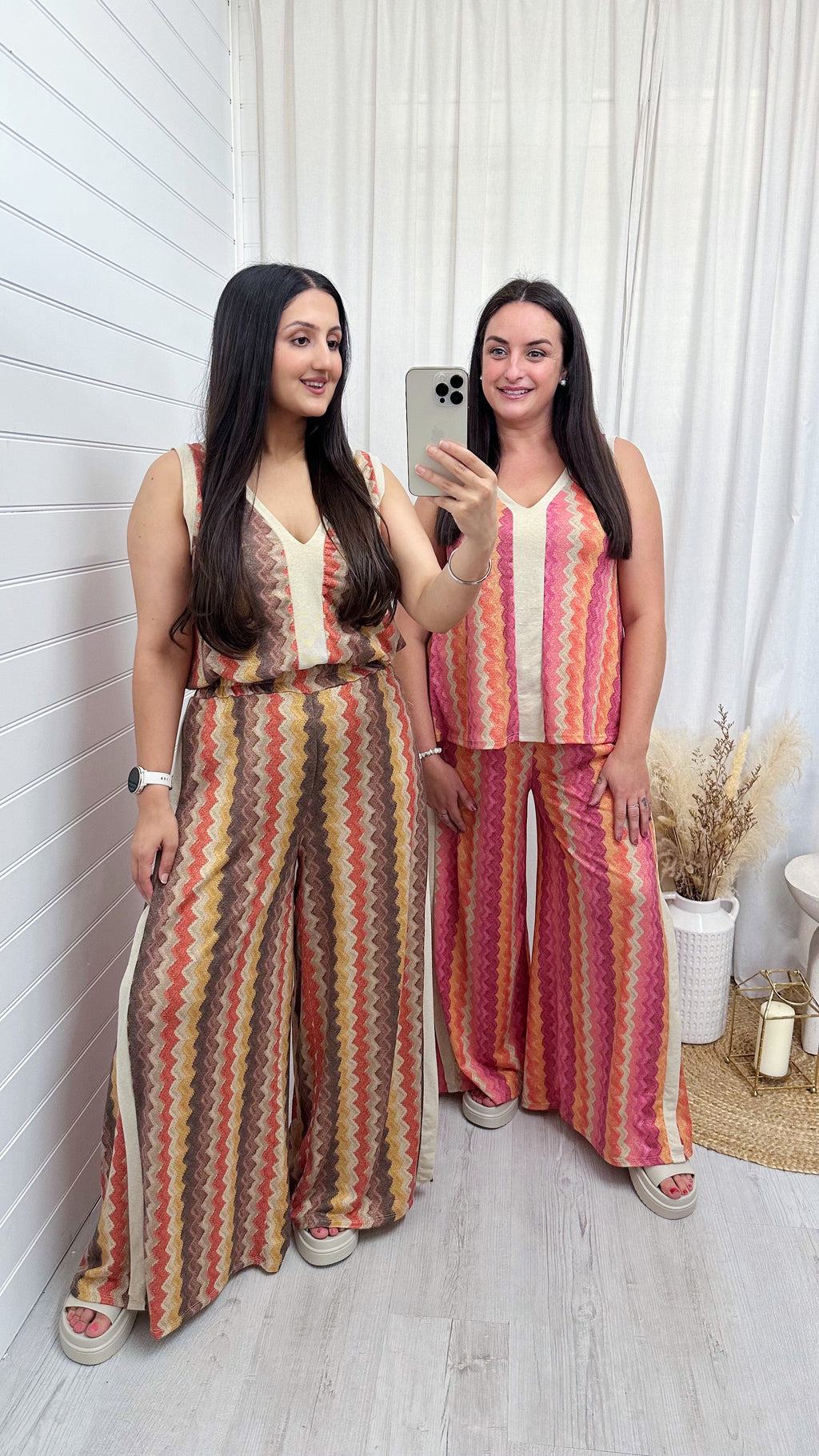 A-Line Zig Zag Vest Top and Slit Wide Leg Trousers Co-Ord - PINK/ORANGE